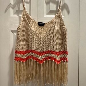 Bebe Cream Crop Knit Fringe Tank Top